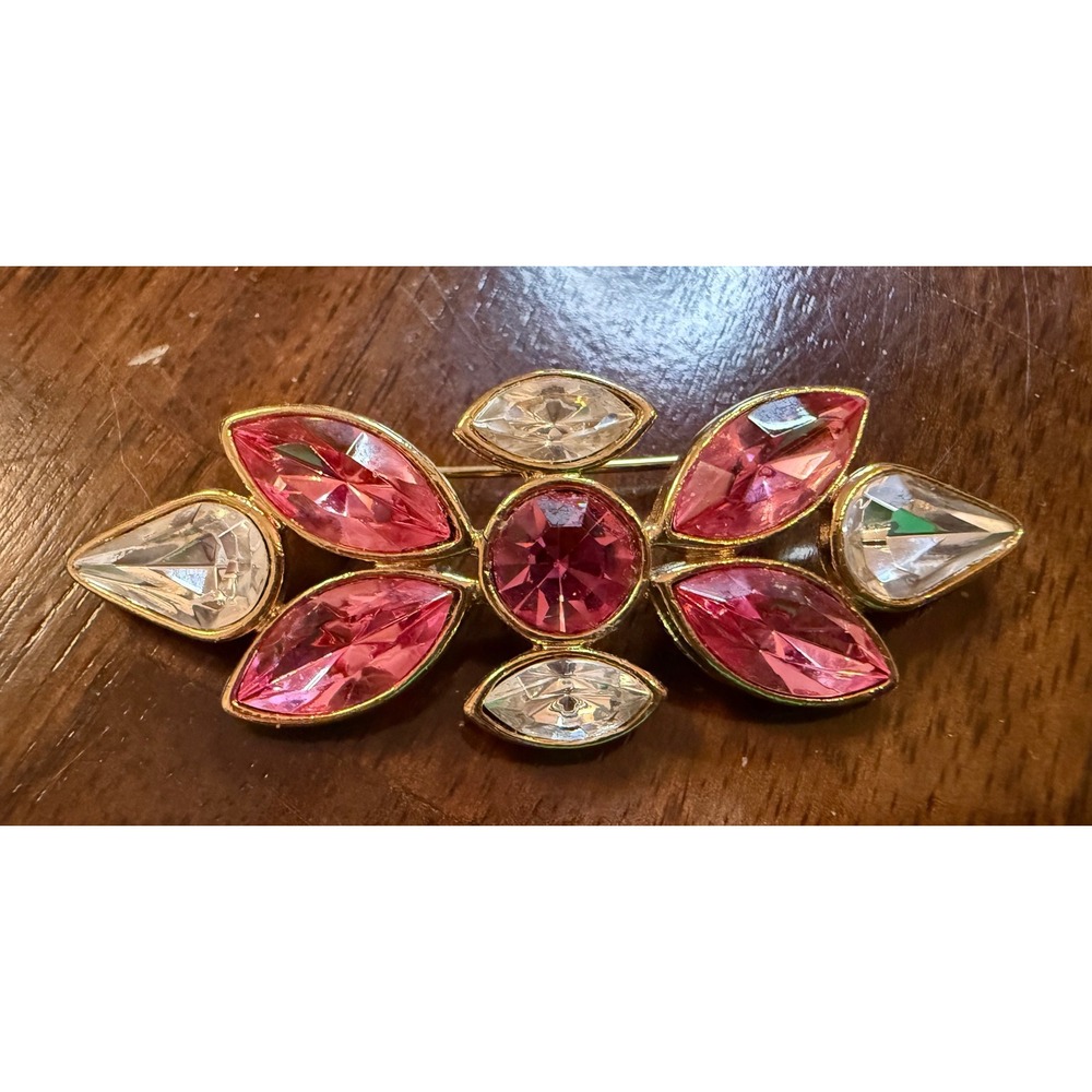 Vintage Pink Rhinestone Navette Floral Brooch Gold Tone Mid Century Retro Pin